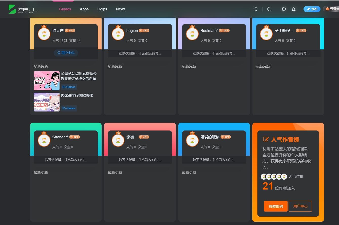 子比美化仿优设首页人气作者兼容手机端和黑夜模式wordprsss